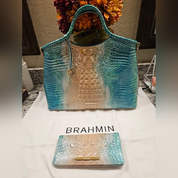 Brahmin Handbags - Brahmin Aqua Beige CrocEmbossed Bag Matching Wallet Does Not Have Shoulder Strap